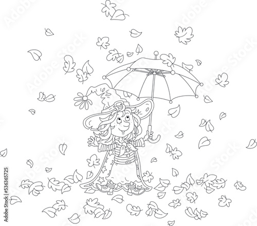 Happy little Halloween witch with a striped toy umbrella under falling and swirling autumn leaves, black and white outline vector cartoon illustration © Alexey Bannykh