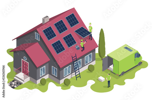 Solar cell installing. Team service working on installation solar cell on roof top. Smart home system. Ecology energy saving concept for free energy
