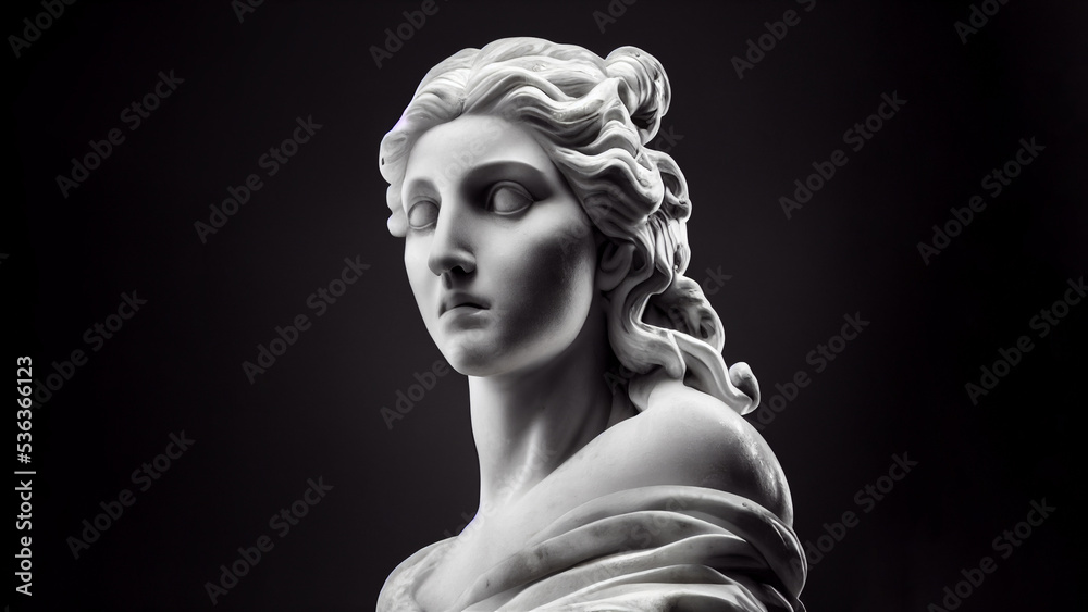 3D illustration of a Renaissance marble statue of Selene. She is the goddess of the Moon. Selene in Greek mythology, known as Luna in Roman mythology. - obrazy, fototapety, plakaty 