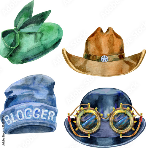 women's green cap, cowboy hat, bowler hat with goggles and blue beanie. Watercolor drawing set