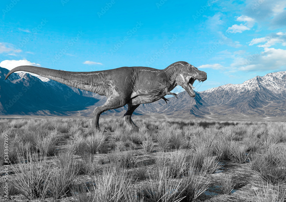 tyrannosaurus rex is walking around in plains and mountains