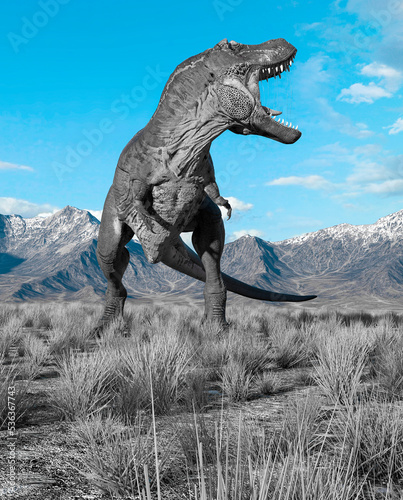 tyrannosaurus rex is angy in plains and mountains