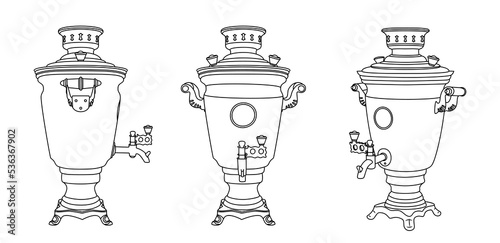 Collection of samovars in different isometric projections. Obsolete item of national cuisine. Metal large kettle used to heat and boil water. Russian traditional kitchen. Sketch, linear drawing