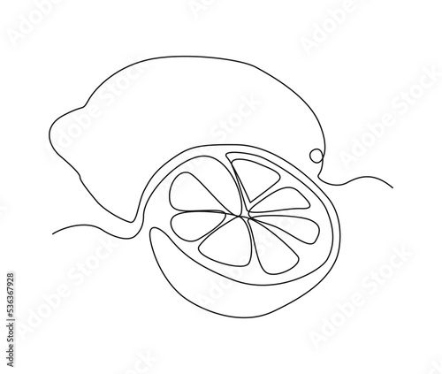 Continuous one line drawing of lemon fruit with leaf. Citrusi fruit hand drawn single line art vector illustration.