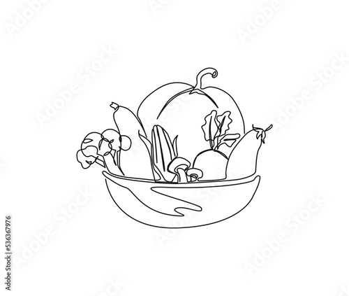 Continuous one line drawing of vegetable on the bowl. Vegetables hand drawn single line art vector illustration.