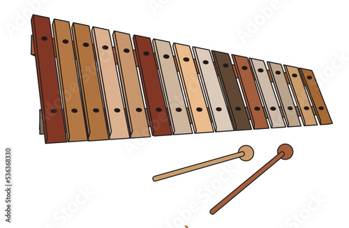 Illustration of Musical Instrument Xylophone colored with wood tones. Vector illustration isolated on white background.