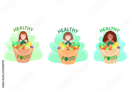 A woman is holding a paper bag with groceries. The girl buys food  vegetables  fruits. 1healthy food. Vegan  vegetarian. Vector cartoon illustration