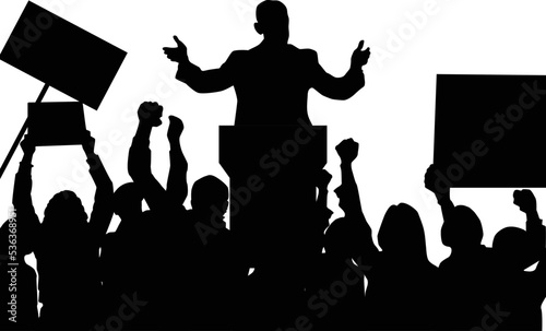 Silhouette of a speaker and protestors. Vector illustration of the concept of freedom of speech, rights to protest and liberty