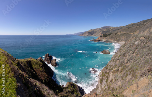 scenic coastal landscape at Big Sur seen from Cabrillo Highway, State Route No. 1 in California, USA