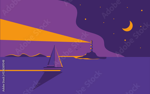 Beautiful night seascape. A lighthouse on the shore and a yacht or sea vessel sails nearby against the backdrop of the night sky.