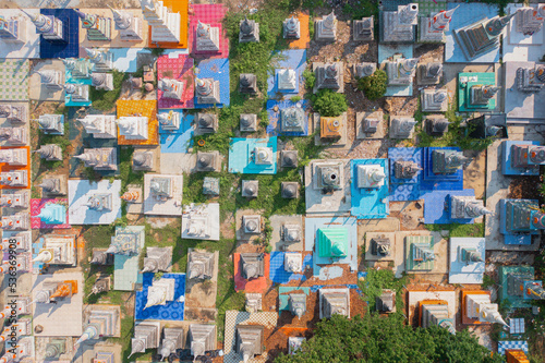 Aerial top view of colorful Thai Shrine. Buddhist temple pagoda. Pattern texture background.