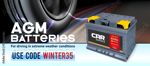 Accumulator automobile gel. For driving in extreme weather conditions. Old car battery type AGM. Tyre wheel car with  background in movement. Wheel in Motion on the road. Low angle side view of a car.