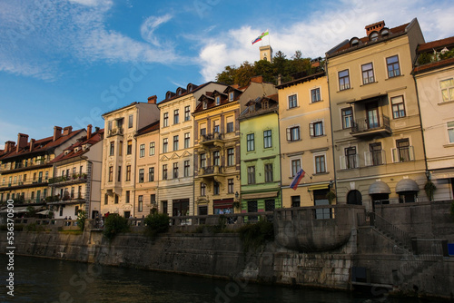 Historic buildings on the waterfront of the Ljubljanici River in central Ljubljana, Slovenia 