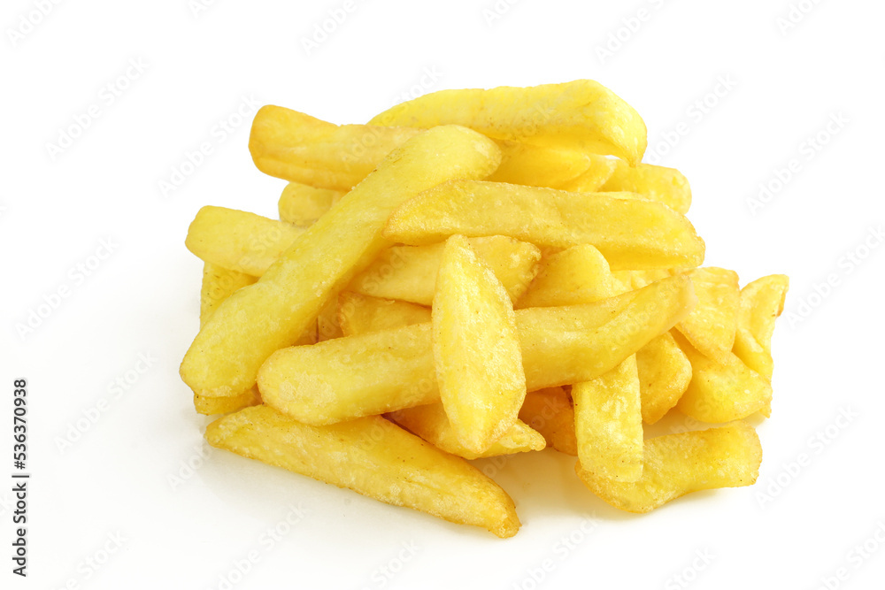 Pile of prepared french fries isolated on white background. Potato sliced chips Pile of prepared french fries isolated on white background. Potato sliced chips