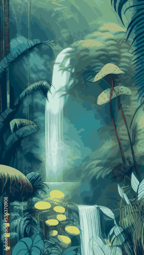 Waterfall in green jungle rainforest vector illustration.
