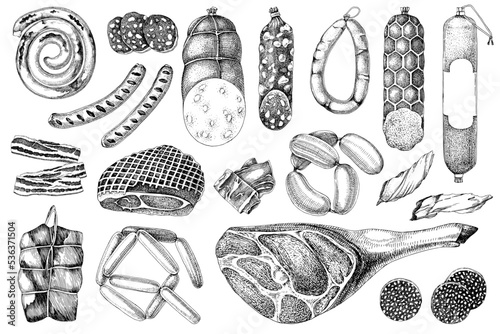 Sausages and meat products monochrome vector set.
