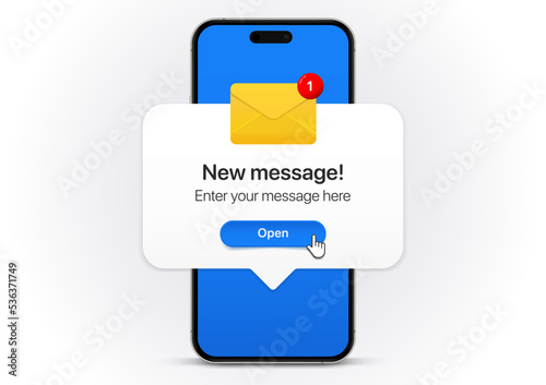 New message notification concept on realistic smartphone mockup. New email pop up. Incoming, open messaging. Chatting, mail, post, letter symbol, sign, emblem with new notification for UI UX website photo