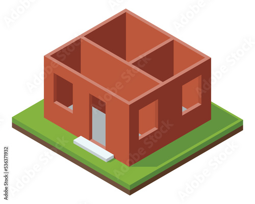 House construction Isometric stage. Visualization of modern building process. Construction of walls phase
