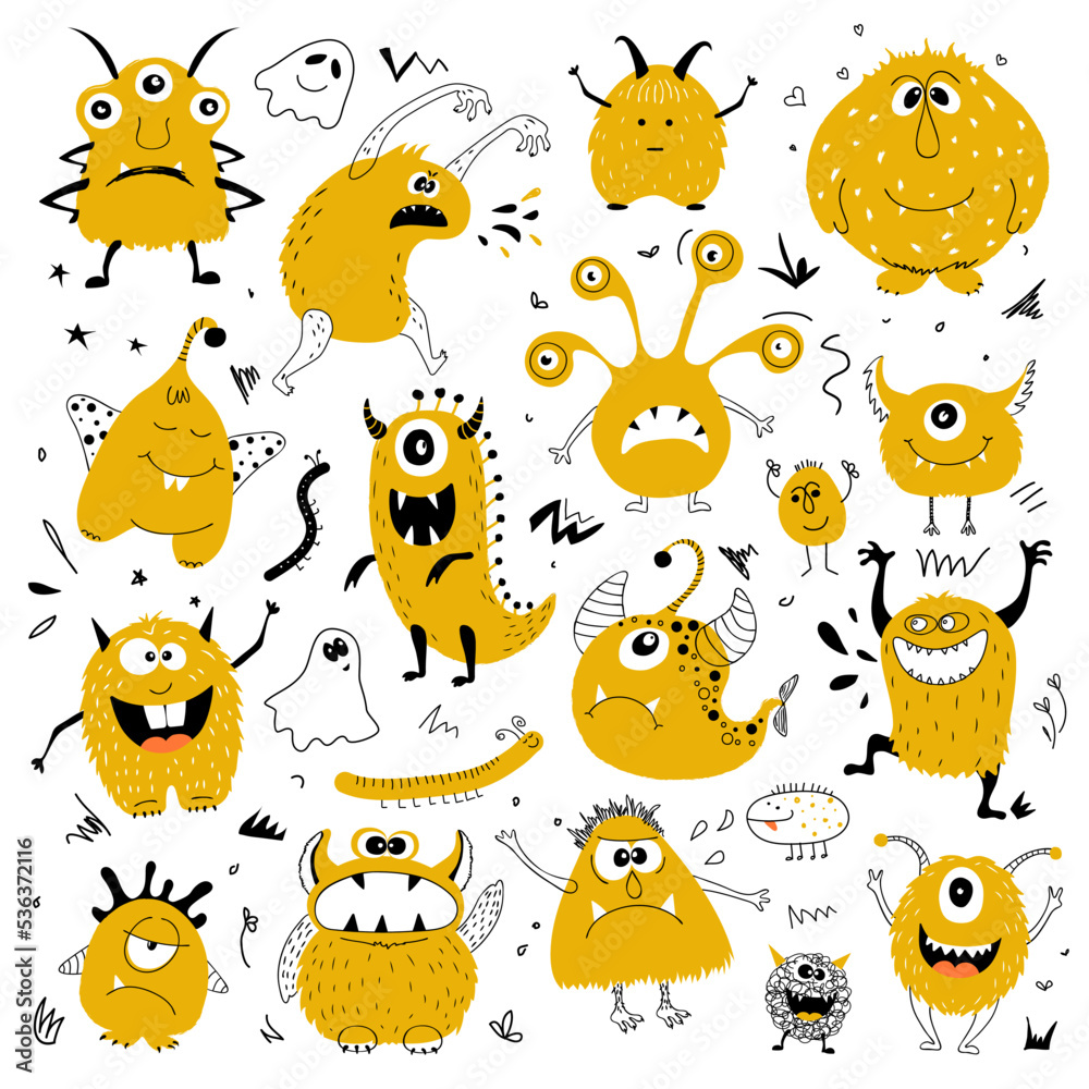 Naklejka premium Happy Halloween. Set of monster colorful silhouette. Cute cartoon kawaii scary funny children's character. White background. Vector illustration