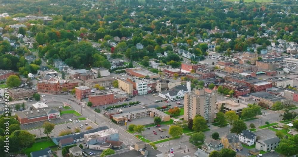 Early fall late afternoon aerial video of the downtown streets, City of Cortland NY, Cortland County, USA. Early fall late afternoon aerial video of the downtown streets, City of Cortland NY, Cortland County, USA.