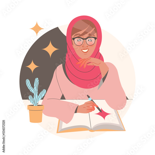 Smiling Muslim Woman Character Learning Sitting at Desk with Open Book and Pencil Studying Vector Illustration