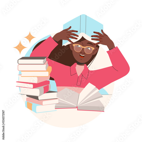 Clever Woman Character in Glasses Learning Sitting at Desk with Pile of Books and Studying Vector Illustration