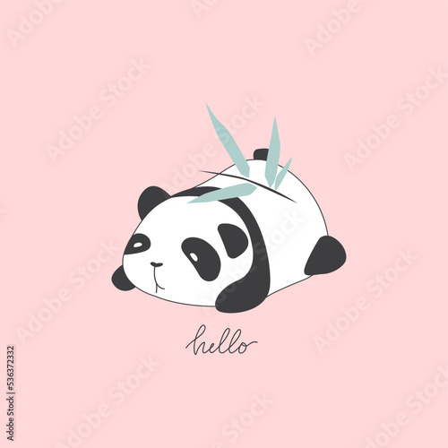 Vector. Hand-drawn panda. The panda is lying. Panda with a bamboo branch. Cute logo. T-shirt print.	