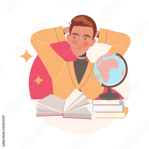 Young Man Character Learning Sitting at Desk with Book and Globe Studying Vector Illustration