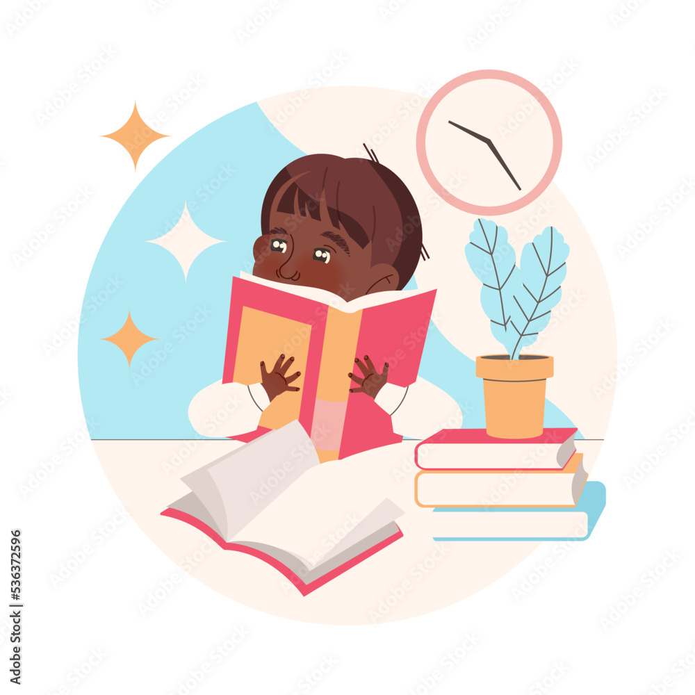 Clever Little Boy Character Learning Sitting at Desk with Open Book Studying Vector Illustration