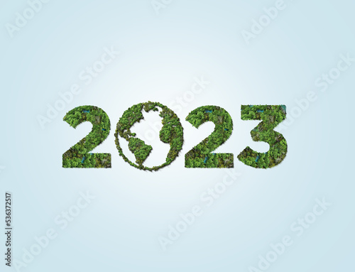 Green earth 2023. New Year 2023 green recycling and save our planet and earth environment. World water day 2023. Earth day 2023 3d concept.