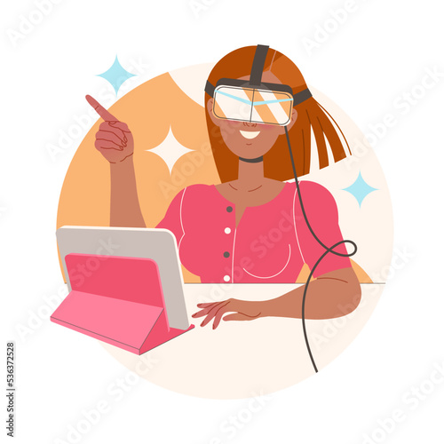 Happy Learning Woman Character in Augmented Reality Glasses Sitting at Desk with Tablet Studying Vector Illustration