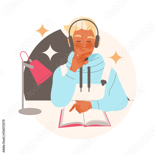 Blond Man Character in Headphones Learning Sitting at Desk with Book Listening and Reading Vector Illustration