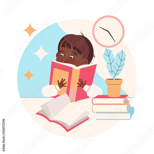 Clever Little Boy Character Learning Sitting at Desk with Open Book Studying Vector Illustration