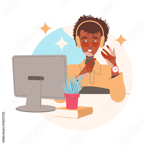 Man Character in Headphones Learning Sitting at Desk with Computer Studying Vector Illustration