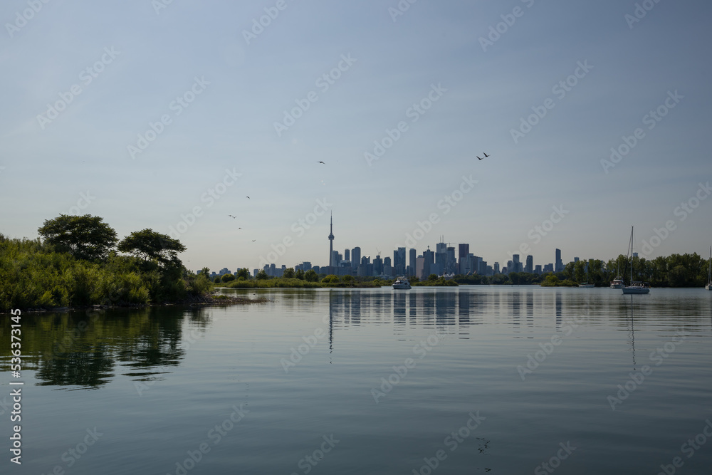 City skyscraper view cityscape background skyline silhouette, lake water and forest with copy space