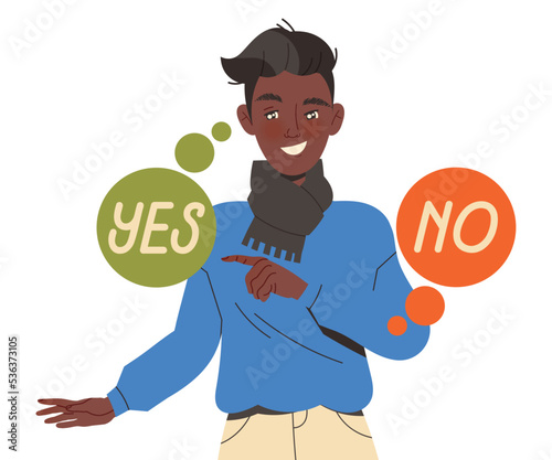Smiling Man Character Making His Own Choice Choosing Right Answer Vector Illustration