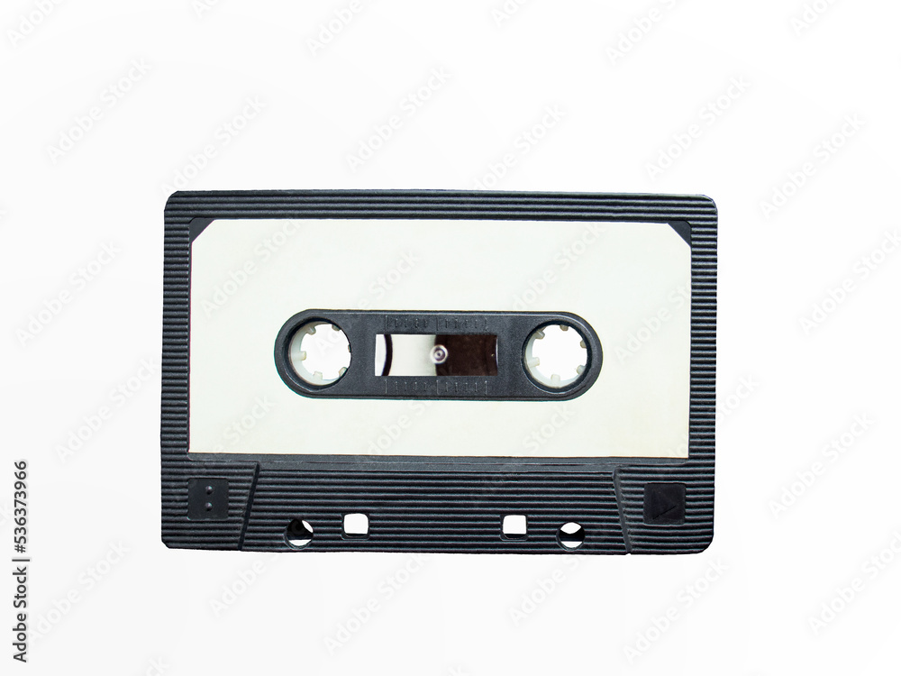 black plastic audio cassette with white sticker isolated on white background,Template mockup for text
