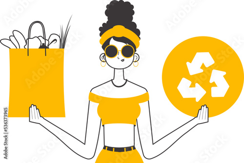 Woman, package with products and eco logo. The concept of reasonable consumption. Linear trendy style. Isolated on white background. Vector illustration.