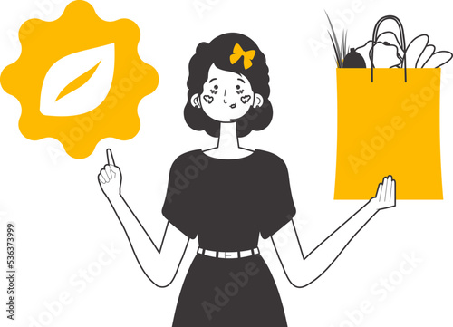 Woman, package with products and eco logo. The concept of reasonable consumption. Linear modern style. Isolated on white background. Vector illustration.