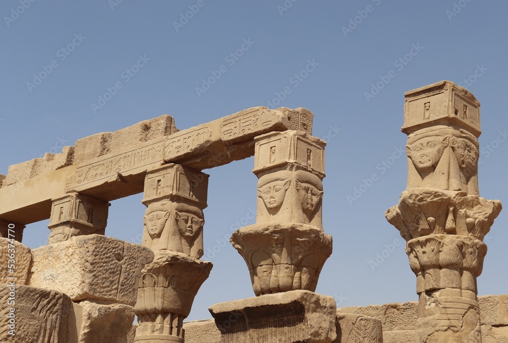 Hathor goddess carved on the columns of Philae temple in Aswan, Egypt Hathor goddess carved on the columns of Philae temple in Aswan, Egypt