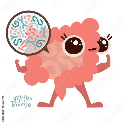 Microscopic good bacterias, microflora, viruses in Intestine cartoon character. Vector flat illustration icon cartoon mascot design. Human intestine microflora with probiotics. Healthy Digestive tract