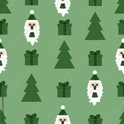 Seamless christmas pattern in green color with christmas tree, santa claus and gift box. New year background. Christmas wrapping paper in trend 2022 color.