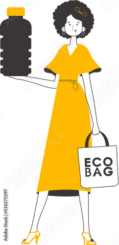 The girl holds in her hands an eco bag and a bottle made of biodegradable plastic. The concept of reasonable consumption. Lineart style.