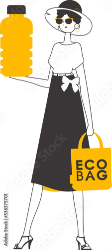 The girl holds in her hands an eco bag and a bottle made of biodegradable plastic. The concept of ecological products. Linear modern style.