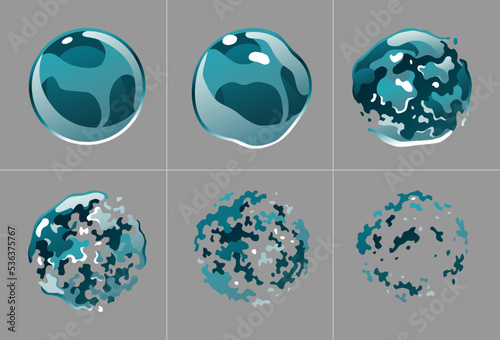 Soap bubble animation. Ball chemical or water spherical figure. Round burst explosion sprite sheet effect. Game or motion design. Vector isolated frames set in cartoon style
