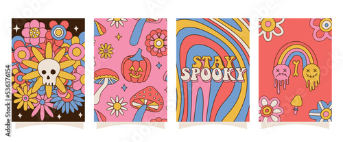 Set of hand drawn a4 posters and cards. Hippie spooky flower Halloween banner design in modern retro vintage groovy 60s 70s style. Linear vector illustration.