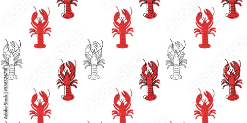 Seamless pattern of fresh red crayfish, flat and doodle, or hand drawn vector illustration