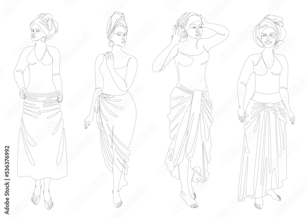 Collection. Silhouette of a beautiful girl. Lady in a turban and national clothes. Woman in modern one line style. Solid line, decor outline, posters, stickers, logo. Vector illustration set. Collection. Silhouette of a beautiful girl. Lady in a turban and national clothes. Woman in modern one line style. Solid line, decor outline, posters, stickers, logo. Vector illustration set.