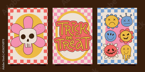 Set of Halloween A4 posters and banners. Hippie Halloween invitation card design in modern vintage groovy 60s 70s style. Linear hand drawn vector illustration.