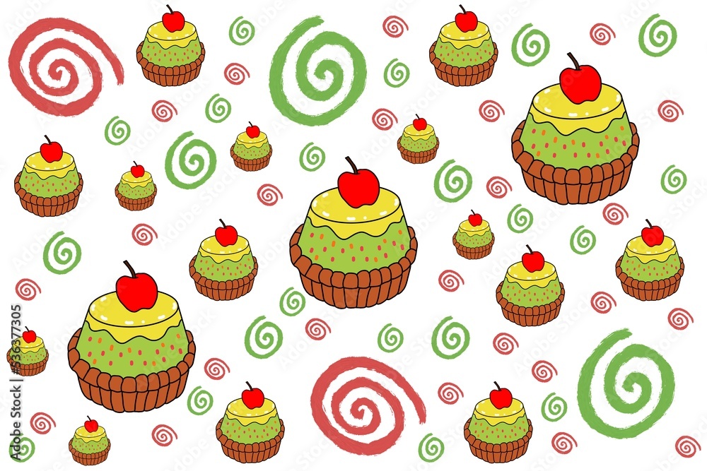 Colorful cupcake background with green and red spiral pattern, Cupcake background, Cupcake pattern, Green background, Sweet candy. Colorful cupcake background with green and red spiral pattern, Cupcake background, Cupcake pattern, Green background, Sweet candy.